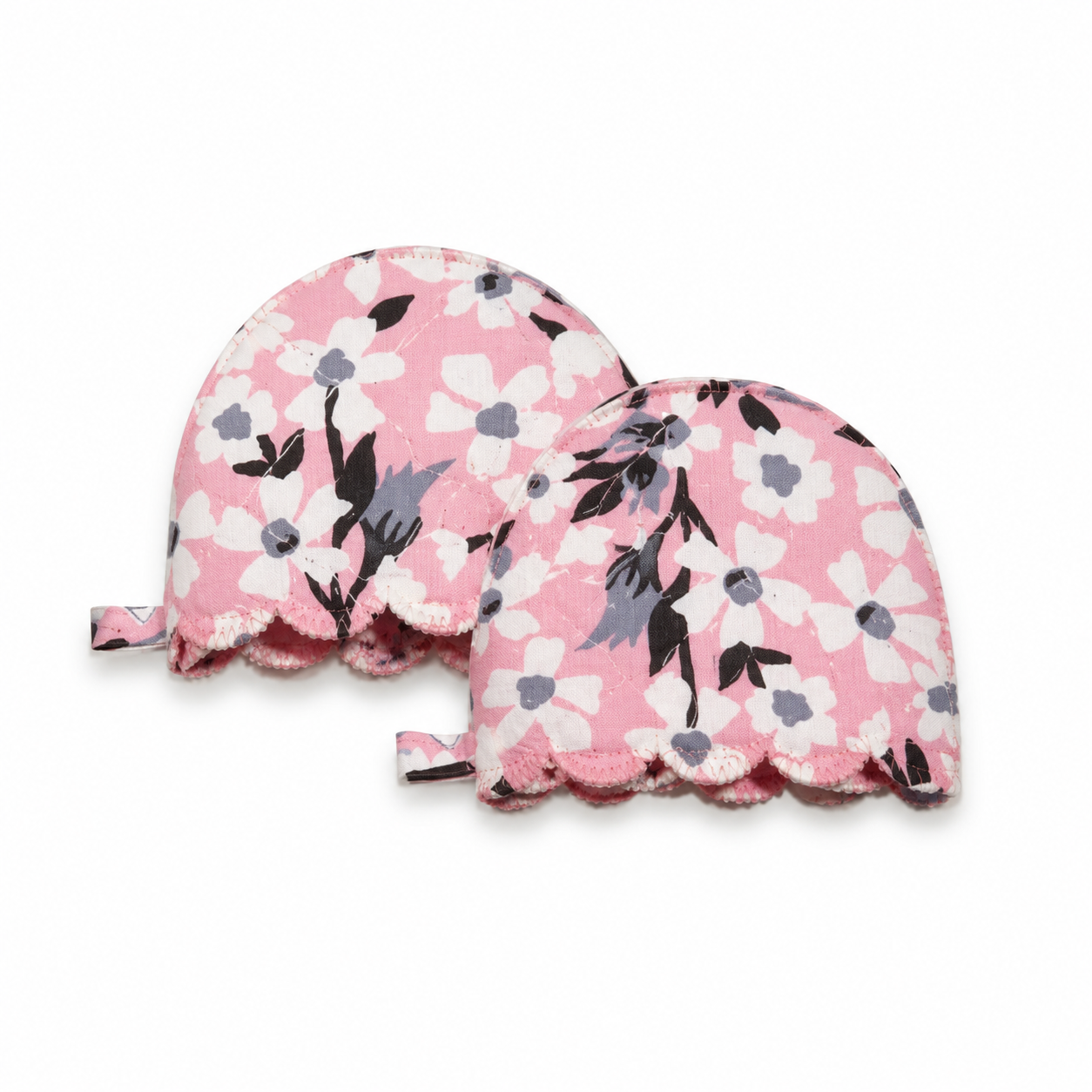 دو عدد دستگیره دیگ هوم ست مدل مینیمال طرح پوپک با فرم نیمدایره، لبه سونیک و پارچه گلدار صورتی