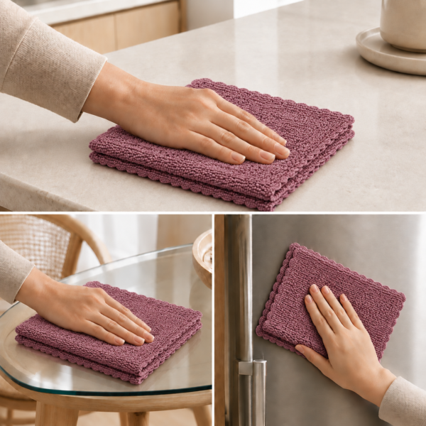 استفاده از دستمال میکروفایبر هومست روی کابینت، شیشه و یخچال