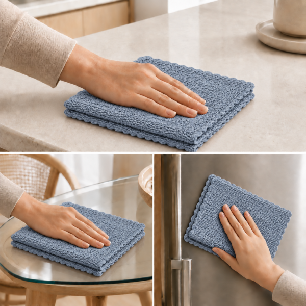 استفاده از دستمال میکروفایبر هوم‌ست روی کابینت، شیشه و یخچال