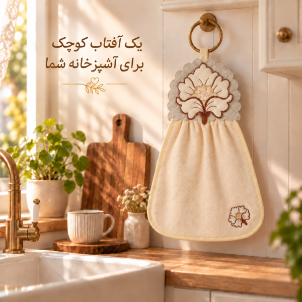 حوله آویز گلدوزی کرم هومست در آشپزخانه