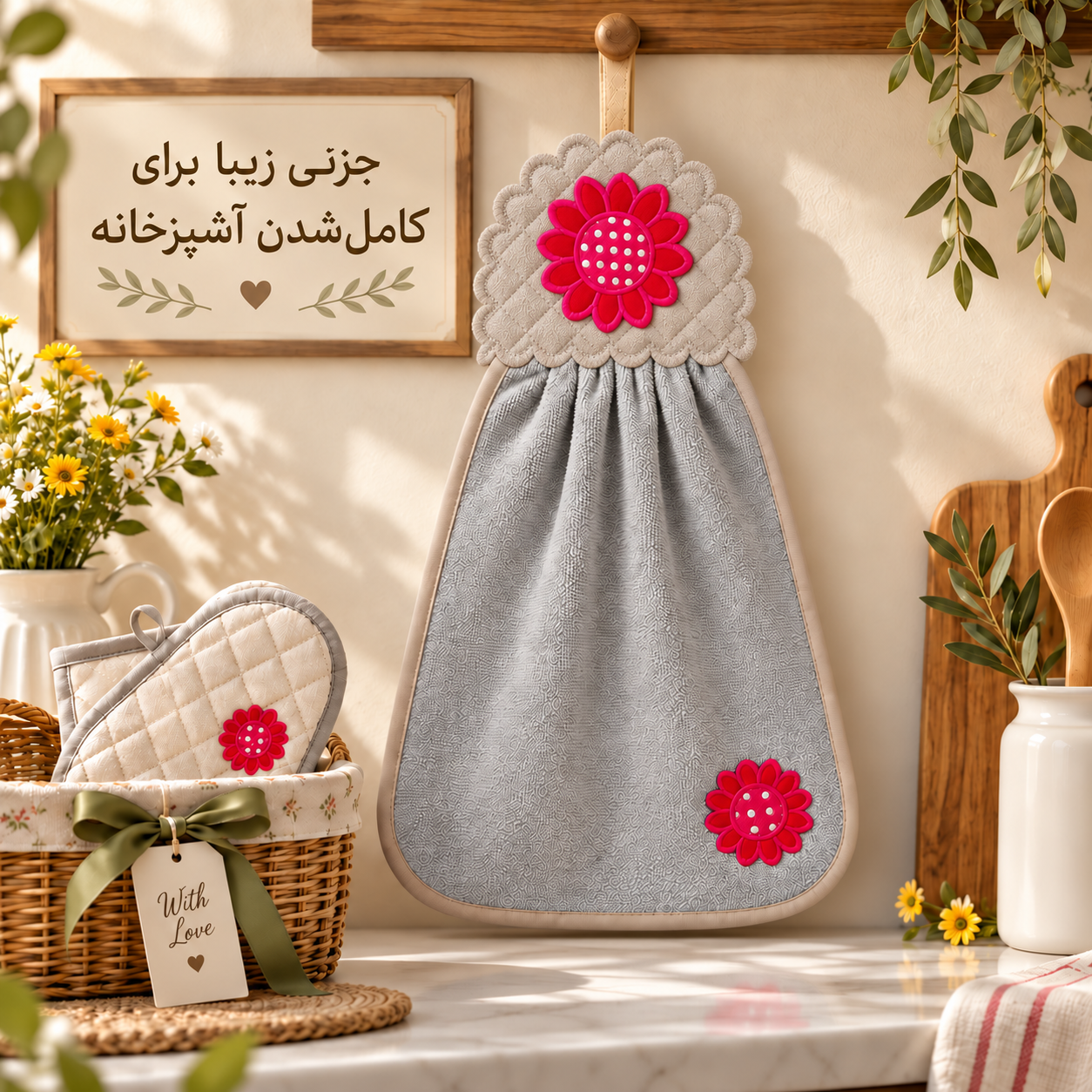 حوله آویز آشپزخانه گلدوزی سرخابی در چیدمان هدیه