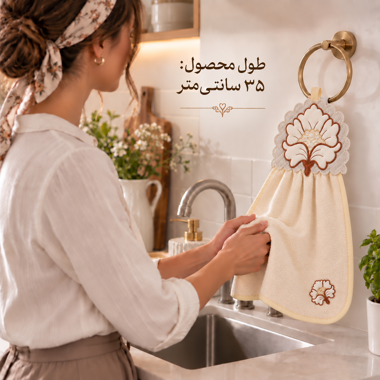 استفاده از حوله آویز آشپزخانه گلدوزی کرم کنار سینک