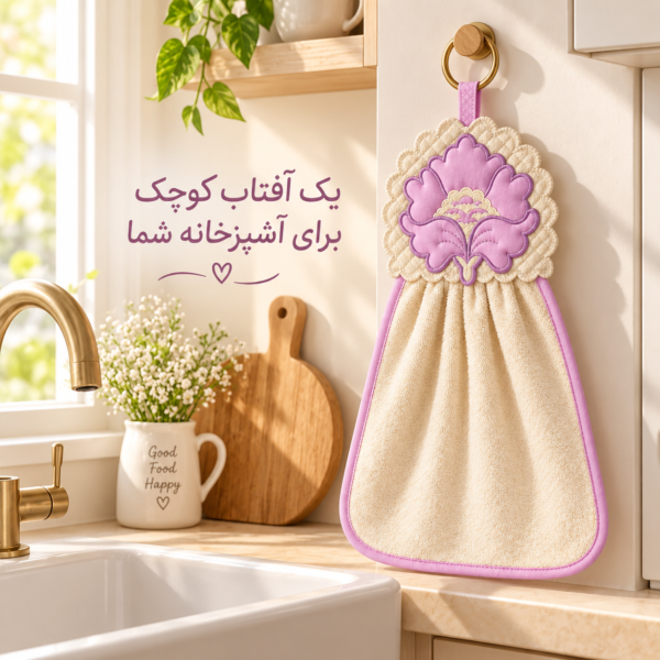 حوله آویز گلدوزی یاسی هوم‌ست کنار سینک آشپزخانه