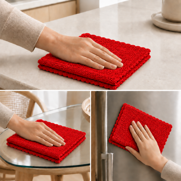 استفاده از دستمال میکروفایبر هومست روی کابینت، شیشه و یخچال
