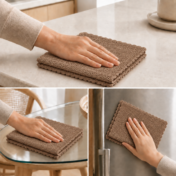 استفاده از دستمال میکروفایبر هومست روی کابینت، شیشه و یخچال