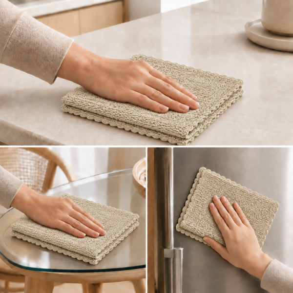 استفاده از دستمال میکروفایبر هومست روی کابینت، شیشه و یخچال