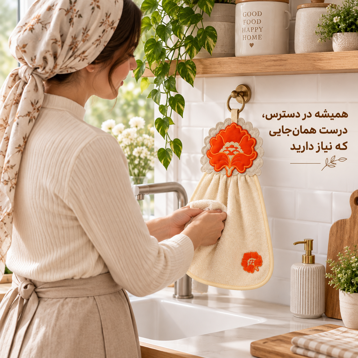 استفاده از حوله آویز آشپزخانه گلدوزی نارنجی هومست