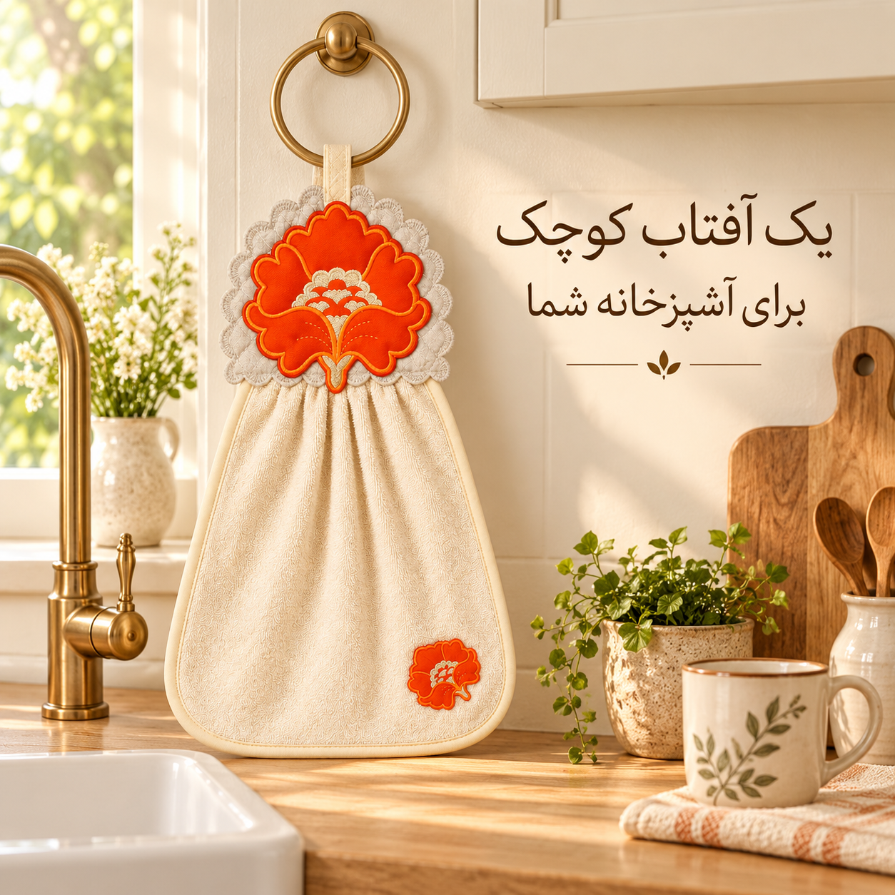 حوله آویز گلدوزی نارنجی هومست کنار سینک آشپزخانه