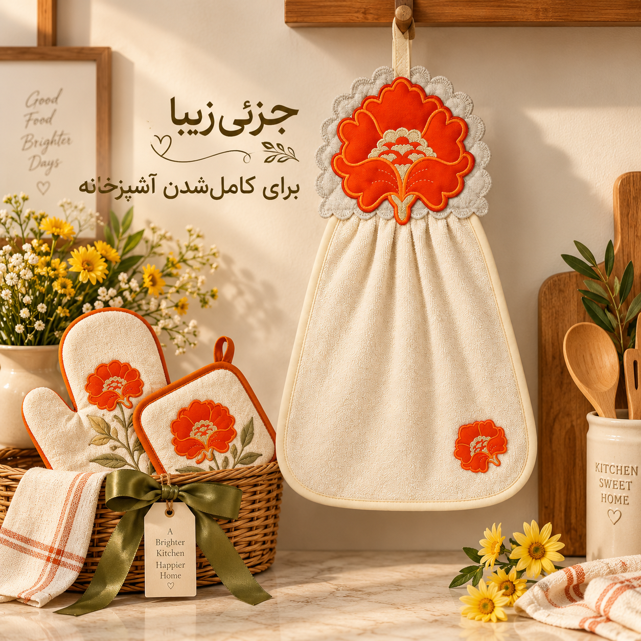 حوله آویز گلدوزی نارنجی در دکور آشپزخانه